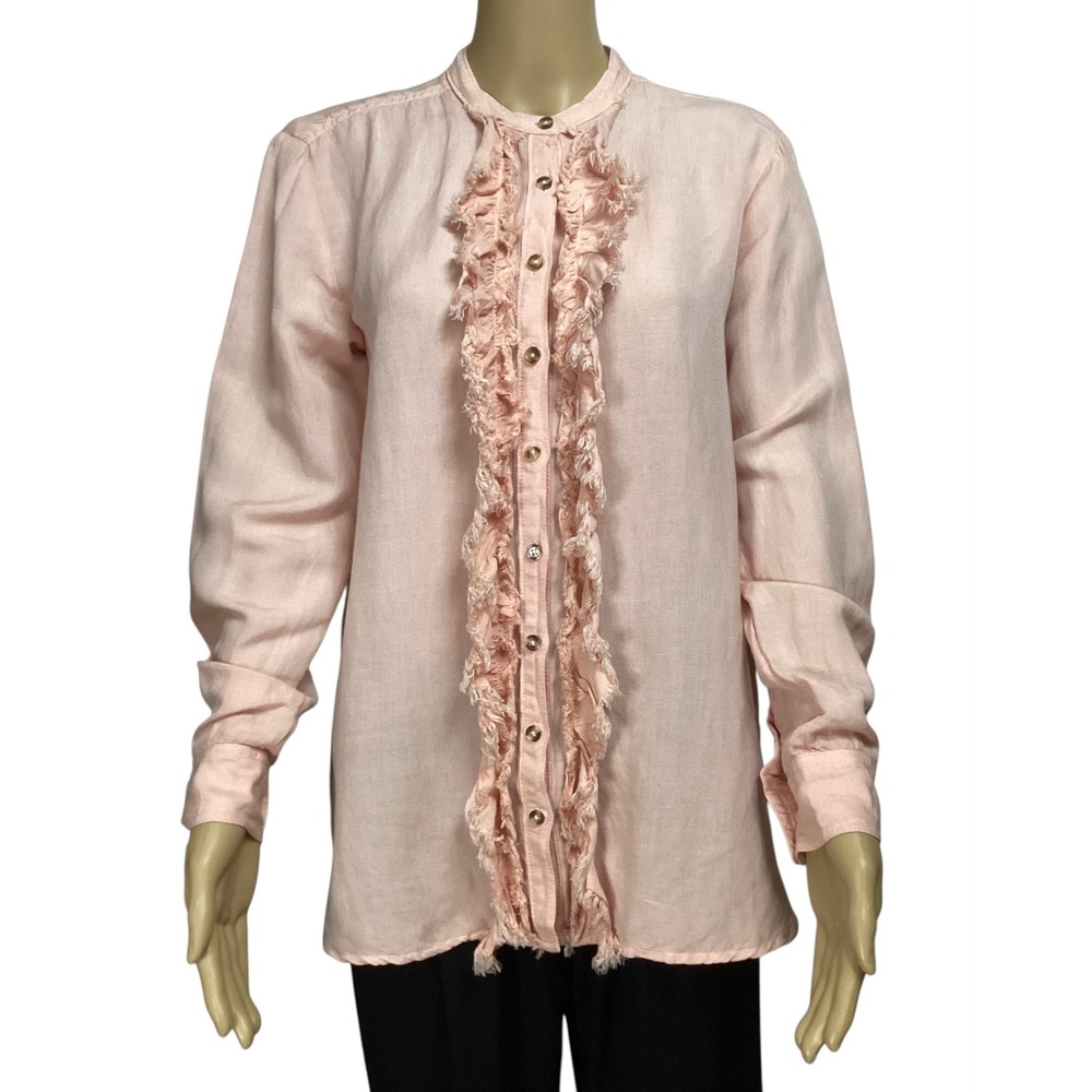 Pilcro and the Letterpress Pink Linen Blend Ruffle Frayed Button Down Blouse S